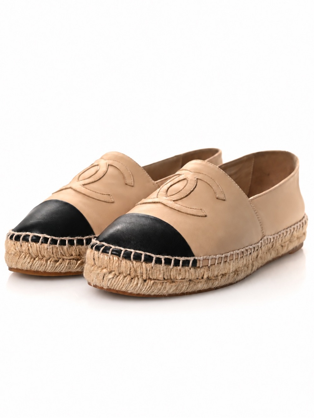 CHANEL Beige Leather Espadrille Flats with Black Toe Cap